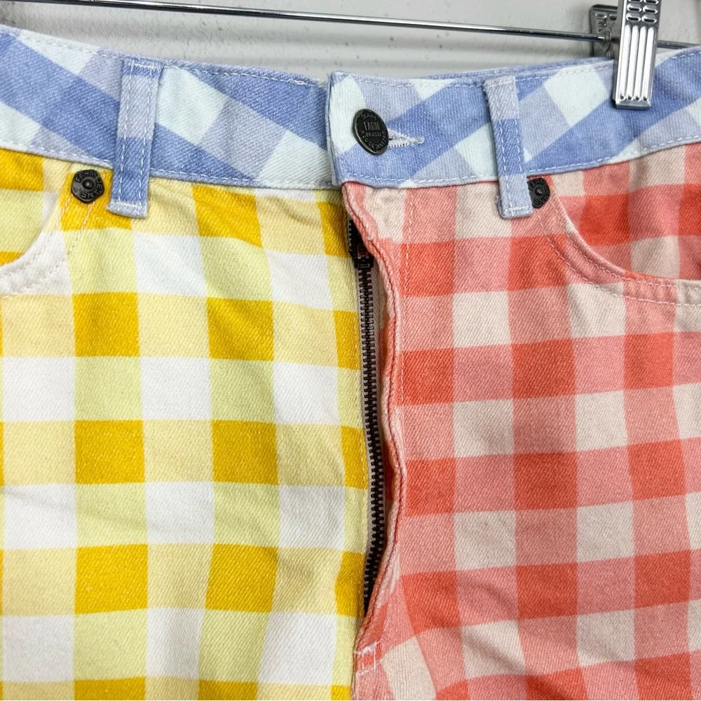 Farm Rio Gingham High Rise Shorts Size Small Red Blue Yellow Denim Cut Off - Picture 9 of 12